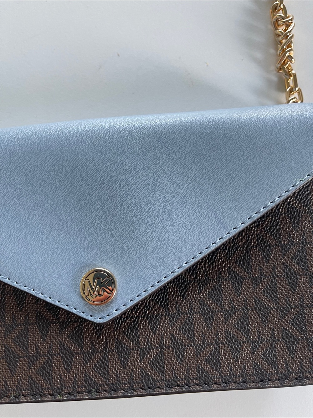 Michael Kors Two-Tone Envelope Crossbody in Light Blue and Brown - Picture 2 of 13